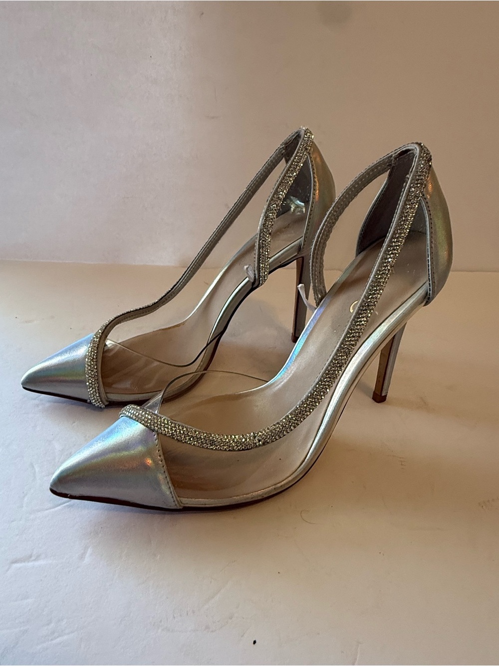 Aldo Silver Iridescent Pointed-Toe Stiletto Heels with Crystal Trim